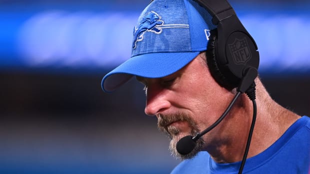 Aug 25, 2023; Charlotte, North Carolina, USA; Detroit Lions head coach Dan Campbell in the fourth quarter at Bank of America Stadium. Mandatory Credit: Bob Donnan-USA TODAY Sports  