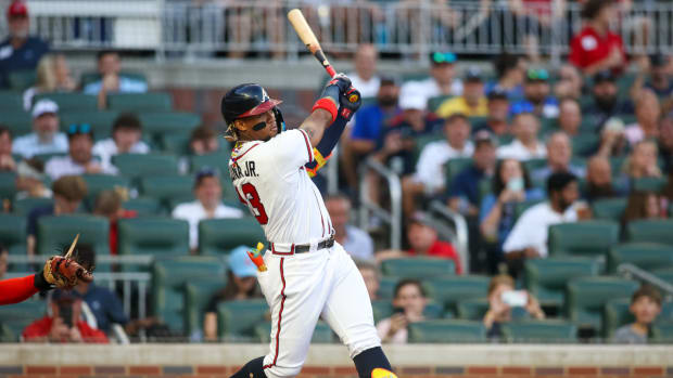Sep 7, 2023; Atlanta, Georgia, USA; Atlanta Braves right fielder Ronald Acuna Jr. (13) hits a home run against the St. Louis Cardinals in the first inning at Truist Park. Mandatory Credit: Brett Davis-USA TODAY Sports  