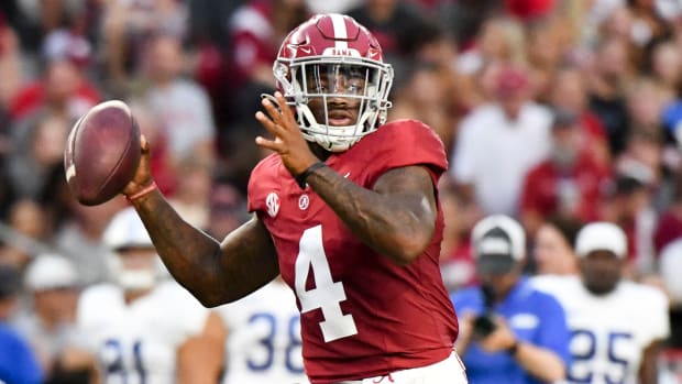Sep 2, 2023; Tuscaloosa, Alabama, USA; Alabama Crimson Tide quarterback Jalen Milroe (4) throws against the Middle Tennessee Blue Raiders during the first half at Bryant-Denny Stadium. Mandatory Credit: Gary Cosby Jr.-USA TODAY Sports  