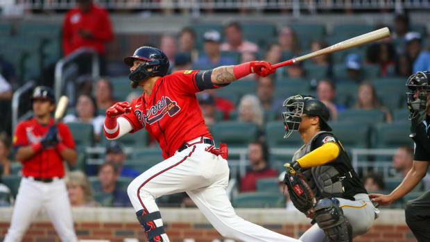 Sep 8, 2023; Atlanta, Georgia, USA; Atlanta Braves shortstop Orlando Arcia (11) hits a single against the Pittsburgh Pirates in the second inning at Truist Park. Mandatory Credit: Brett Davis-USA TODAY Sports  