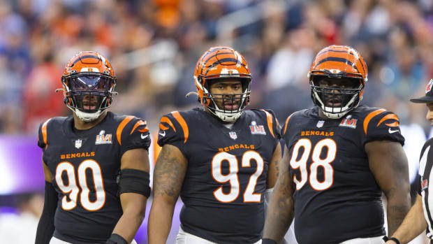 Feb 13, 2022; Inglewood, CA, USA; Cincinnati Bengals defensive end Khalid Kareem (90), defensive tackle B.J. Hill (92) and defensive tackle D.J. Reader (98) against the Los Angeles Rams during Super Bowl LVI at SoFi Stadium. Mandatory Credit: Mark J. Rebilas-USA TODAY Sports