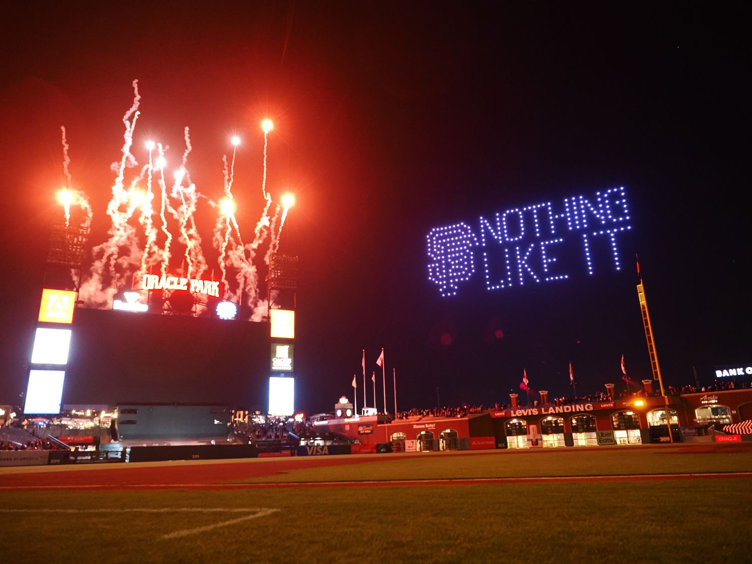 A postgame drone show after the game between the SF Giants and Colorado Rockies at Oracle Park on September 8, 2023.