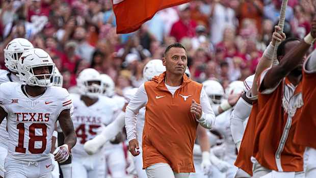 Texas Longhorns head coach Steve Sarkisian leads his team onto the field ahead of the game against Alabama at Bryant-Denny Stadium on Saturday, Sep. 9, 2023 in Tuscaloosa, Alabama.