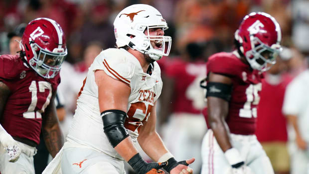 Sep 9, 2023; Tuscaloosa, Alabama, USA; Texas Longhorns offensive lineman Jake Majors (65) reacts against the Alabama Crimson Tide during the fourth quarter at Bryant-Denny Stadium. Mandatory Credit: John David Mercer-USA TODAY Sports 