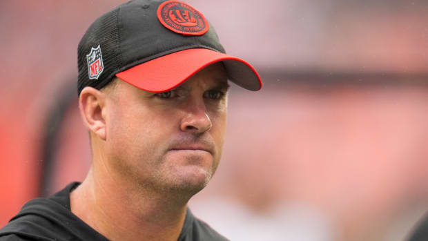 Cincinnati Bengals head coach Zac Taylor leaves the field after the fourth quarter of the NFL Week 1 game between the Cleveland Browns and the Cincinnati Bengals at FirstEnergy Stadium in downtown Cleveland on Sunday, Sept. 10, 2023. The Browns dealt the Bengals a 24-3 loss to begin the season.