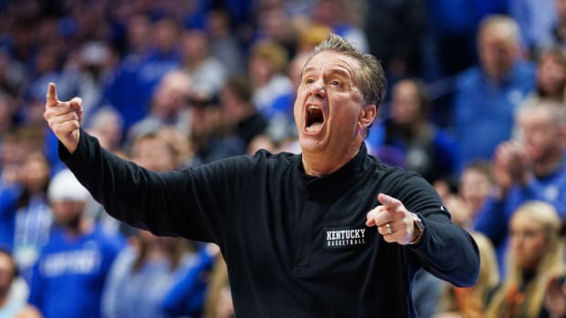 Jan 17, 2023; Lexington, Kentucky, USA; Kentucky Wildcats head coach John Calipari reacts during the second half against the Georgia Bulldogs at Rupp Arena at Central Bank Center. Mandatory Credit: Jordan Prather-USA TODAY Sports