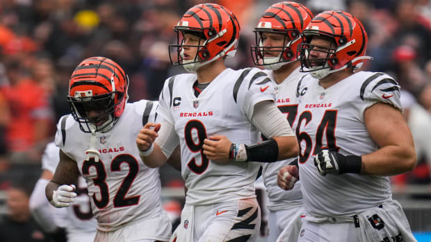 Cincinnati Bengals quarterback Joe Burrow (9) leads the offense onto the field for the final play of the second quarter of the NFL Week 1 game between the Cleveland Browns and the Cincinnati Bengals at FirstEnergy Stadium in downtown Cleveland on Sunday, Sept. 10, 2023. The Browns led 10-0 at halftime.  
