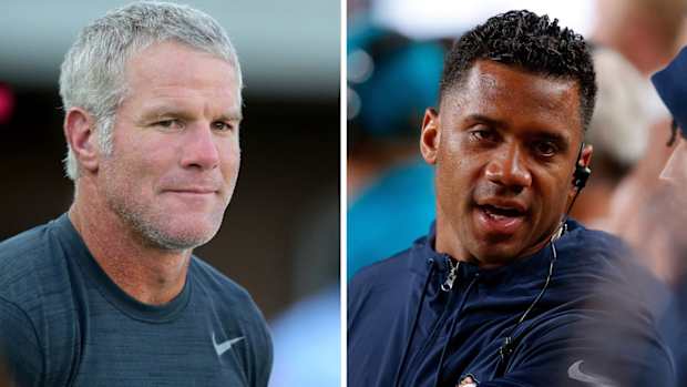 Denver Broncos quarterback Russell Wilson and Hall-of-Famer Brett Favre.