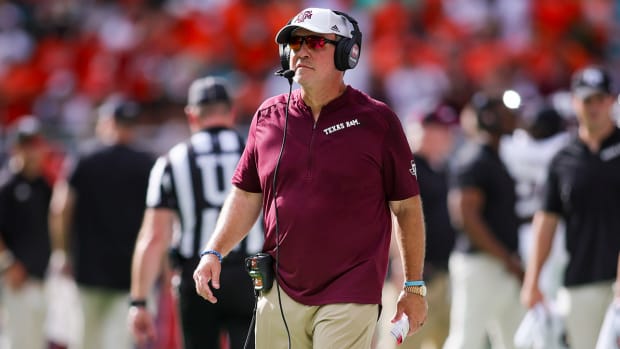 Texas A&M’s Jimbo Fisher looks on from the sideline vs. Miami.