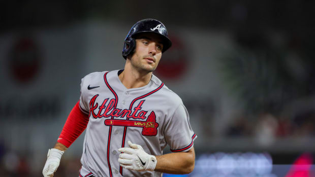 Sep 16, 2023; Miami, Florida, USA; Atlanta Braves first baseman Matt Olson (28) circles the bases after hitting a home run against the Miami Marlins during the sixth inning at loanDepot Park.