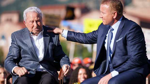 Lee Corso and Kirk Herbstreit on the set of ESPN College GameDay prior to the game between the Colorado Buffaloes and the Colorado State Rams at Folsom Field