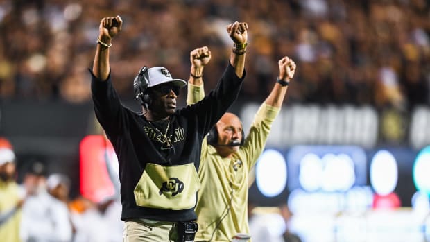 Colorado head coach Deion Sanders reacts during a college football game against Colorado State at Folsom Field on Saturday, Sep. 16, 2023, in Boulder, Colo