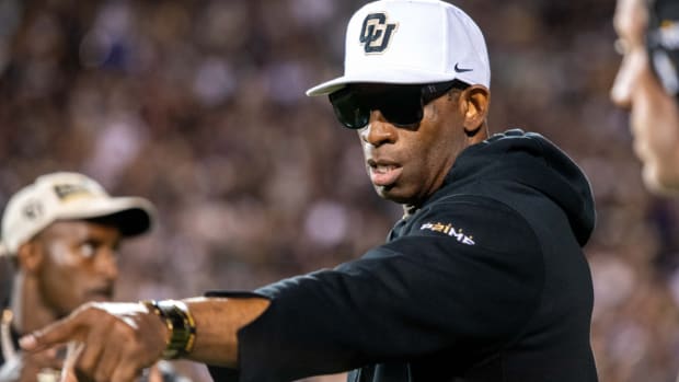 CU football head coach Deion Sanders comes out of the locker room for the Rocky Mountain Showdown.