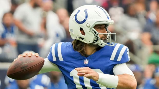 Indianapolis Colts quarterback Gardner Minshew II (10) draws back to pass Sunday, Sept. 17, 2023, during a game against the Houston Texans at NRG Stadium in Houston  