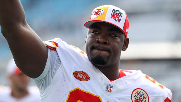 Sep 17, 2023; Jacksonville, Florida, USA; Kansas City Chiefs defensive tackle Chris Jones (95) celebrates after beating the Jacksonville Jaguars at EverBank Stadium. Mandatory Credit: Nathan Ray Seebeck-USA TODAY Sports  