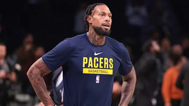 Oct 31, 2022; Brooklyn, New York, USA; Indiana Pacers forward James Johnson (16) warms up before the game against the Brooklyn Nets at Barclays Center.