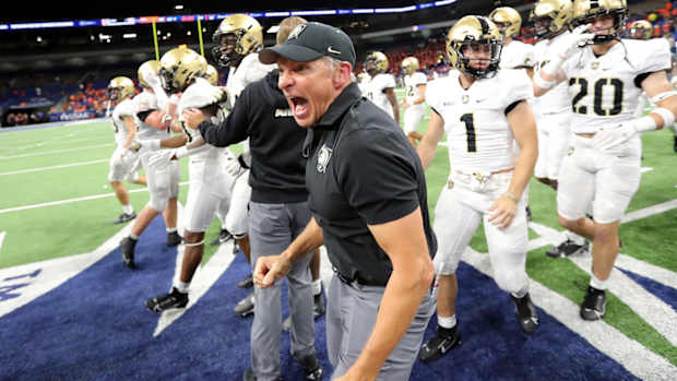 Army football coach Jeff Monken exults after his team’s win at Texas-San Antonio on Sept. 15, 2023.