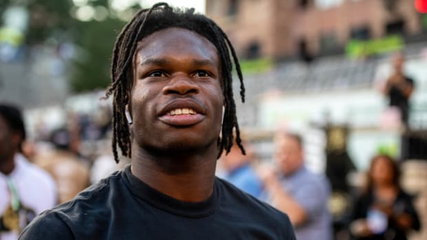 CU football's sophomore athlete Travis Hunter is all smiles before the Rocky Mountain Showdown on Sept. 16, 2023 at Folsom Field in Boulder, Colo