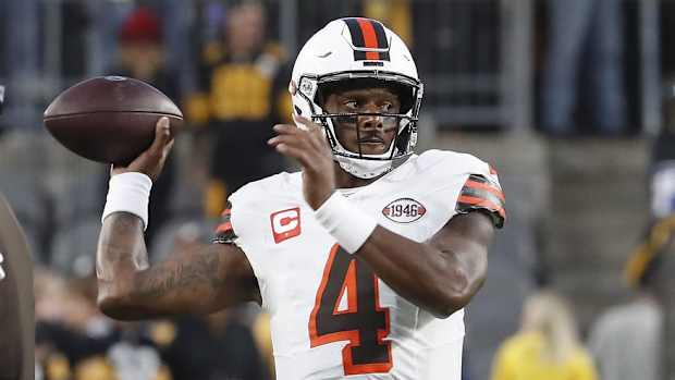 Sep 18, 2023; Pittsburgh, Pennsylvania, USA; Cleveland Browns quarterback Deshaun Watson (4) warms up before the game against the Pittsburgh Steelers at Acrisure Stadium. Mandatory Credit: Charles LeClaire-USA TODAY Sports