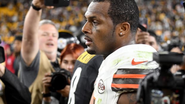 Sep 18, 2023; Pittsburgh, Pennsylvania, USA; Cleveland Browns quarterback Deshaun Watson (4) leaves the field after losing to the Pittsburgh Steelers 26-22 at Acrisure Stadium. Mandatory Credit: Philip G. Pavely-USA TODAY Sports