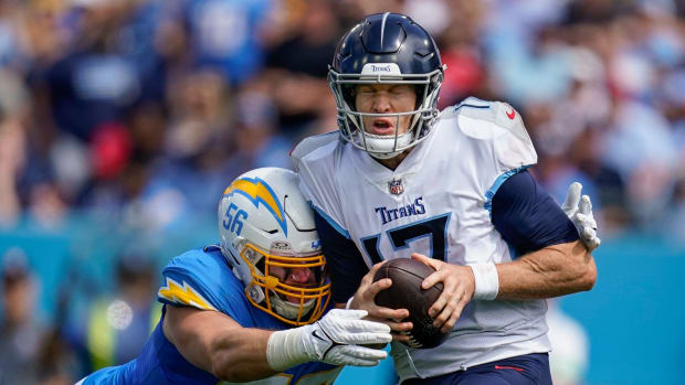 Tennessee Titans quarterback Ryan Tannehill (17) is sacked by Los Angeles Chargers defensive end Morgan Fox (56) during the second quarter at Nissan Stadium in Nashville, Tenn., Sunday, Sept. 17, 2023.