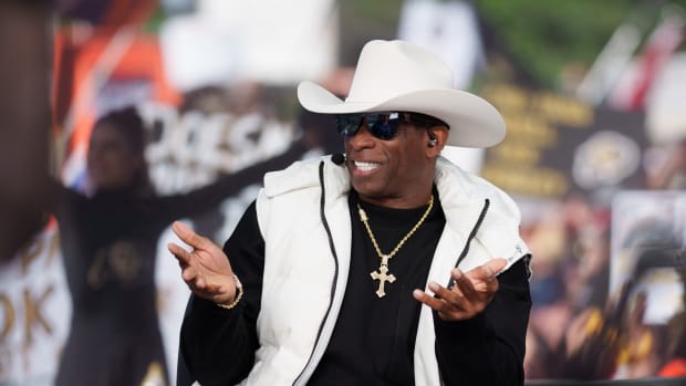  Colorado Buffaloes head coach Deion Sanders on the set of ESPN College GameDay prior to the game between the Colorado Buffaloes and the Colorado State Rams at Folsom Field