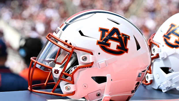 Sep 23, 2023; College Station, Texas, USA; A detailed view of an Auburn Tigers helmet on the sideline of the game against the Texas A&M Aggies at Kyle Field. Mandatory Credit: Maria Lysaker-USA TODAY Sports  