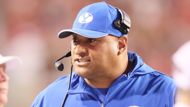 Sep 16, 2023; Fayetteville, Arkansas, USA; BYU Cougars head coach Kalani Sitake during the second half against the Arkansas Razorbacks at Donald W. Reynolds Razorback Stadium. BYU won 38-31. Mandatory Credit: Nelson Chenault-USA TODAY Sports  