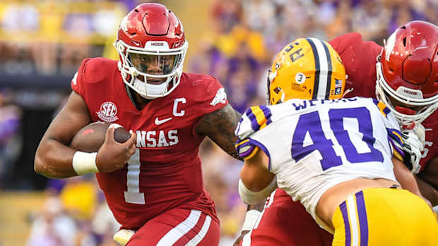 Razorbacks quarterback KJ Jefferson in open field against LSU