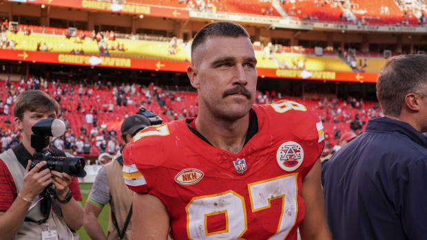 Sep 24, 2023; Kansas City, Missouri, USA; Kansas City Chiefs tight end Travis Kelce (87) on field after the game at GEHA Field at Arrowhead Stadium. Mandatory Credit: Denny Medley-USA TODAY Sports  