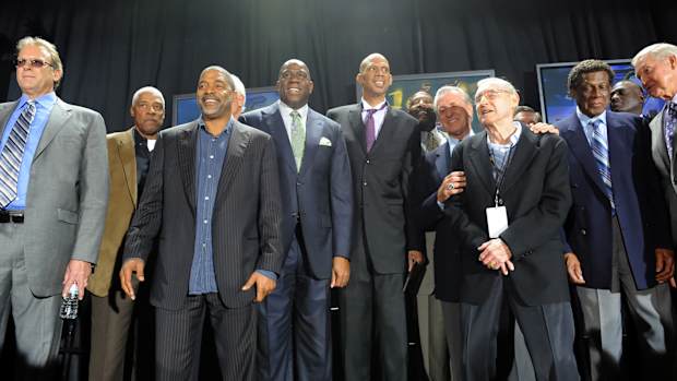 Kurt Rambis Julius Irving Norm Nixon Magic Johnson Kareem Abdul-Jabbar James Worthy Pat Riley Bill Sharman, Elgin Baylor Jerry West Kareem Abdul-Jabbar