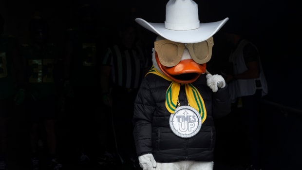 The Oregon Duck emerges in Deion Sanders attire for the start of the game against Colorado in Eugene Saturday, Sept. 23, 2023
