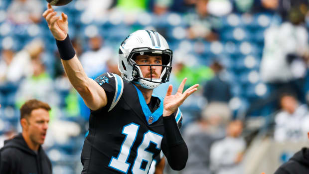 Panthers quarterback Jake Luton before Carolina's 37-27 loss to the Seahawks on Sept. 24, 2023.