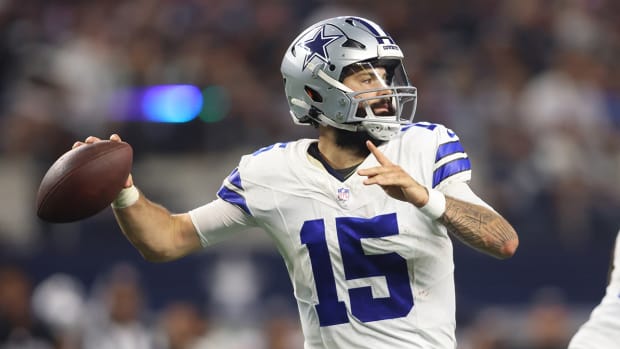 Cowboys quarterback Will Grier (15) throws a pass in the fourth quarter against the Raiders at AT&T Stadium.