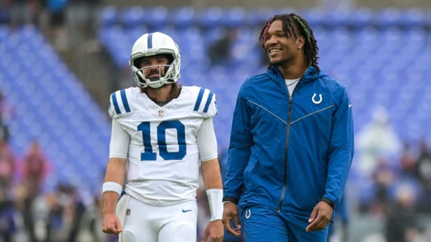 Sep 24, 2023; Baltimore, Maryland, USA; Indianapolis Colts quarterback Anthony Richardson (5) walks with quarterback Gardner Minshew (10) on the field before the game against the Baltimore Ravens at M&T Bank Stadium. Mandatory Credit: Tommy Gilligan-USA TODAY Sports
