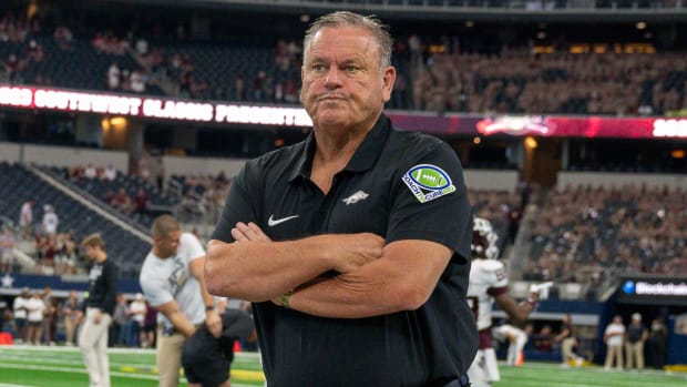 Razorbacks coach Sam Pittman in game against Texas A&M at AT&T Stadium