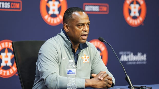 Aug 1, 2023; Houston, Texas, USA; Houston Astros general manager Dana Brown speaks with media before the game against the Cleveland Guardians at Minute Maid Park. Mandatory Credit: Troy Taormina-USA TODAY Sports