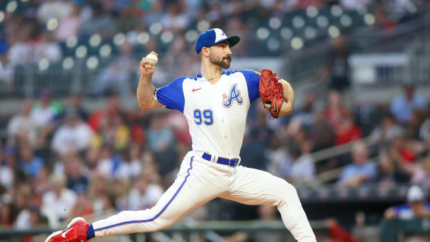 Sep 30, 2023; Atlanta, Georgia, USA; Atlanta Braves starting pitcher Spencer Strider (99) throws against the Washington Nationals in the first inning at Truist Park.