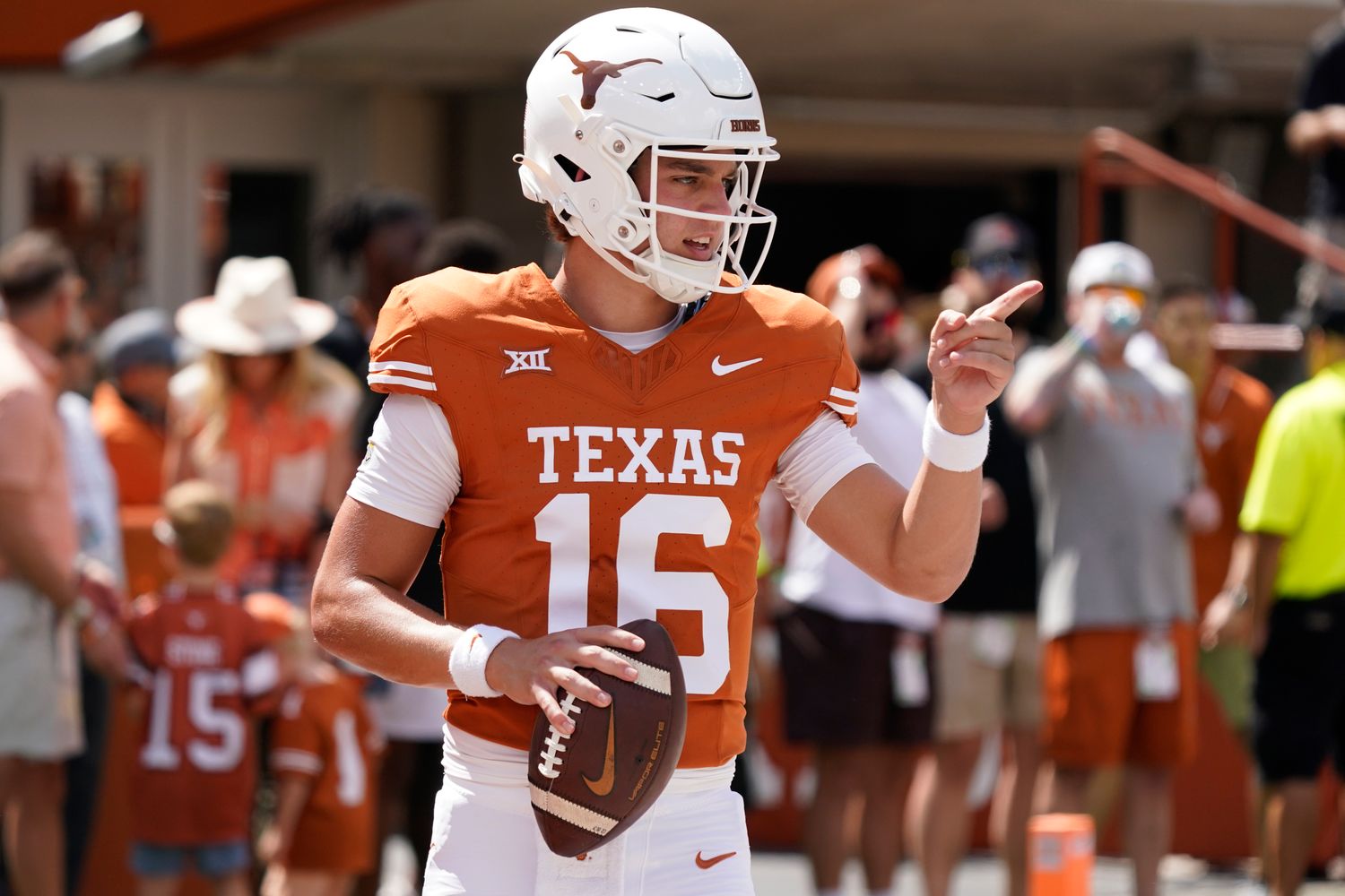 Sep 30, 2023; Austin, Texas, USA; Texas Longhorns quarterback Arch Manning (16) warms up before the game against the Kansas Jayhawks at Darrell K Royal-Texas Memorial Stadium. Mandatory Credit: Scott Wachter-USA TODAY Sports  