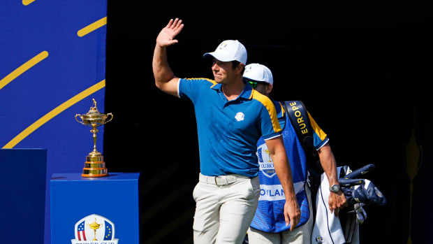 Oct 1, 2023; Rome, ITA; Team Europe golfer Viktor Hovland walk to the first tee during the final day of the 44th Ryder Cup golf competition at Marco Simone Golf and Country Club. Mandatory Credit: Adam Cairns-USA TODAY Sports