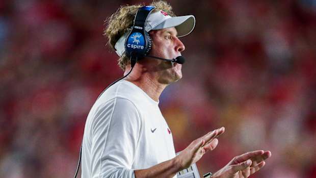 Ole Miss coach Lane Kiffin on sidelines against LSU last Saturday night