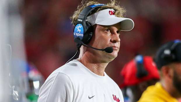 Ole Miss coach Lane Kiffin on sidelines against LSU last Saturday night