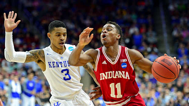 Mar 19, 2016; Des Moines, IA, USA; Indiana Hoosiers guard Yogi Ferrell (11) drives to the basket against Kentucky Wildcats guard Tyler Ulis (3) in the second half during the second round of the 2016 NCAA Tournament at Wells Fargo Arena. Mandatory Credit: Steven Branscombe-USA TODAY Sports  