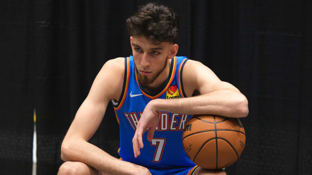 Thunder center Chet Holmgren poses for a photo at 2023 media day