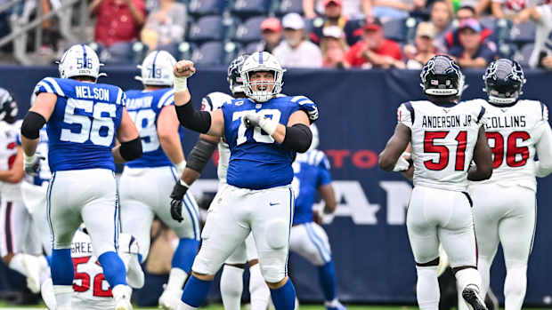 Sep 17, 2023; Houston, Texas, USA; Indianapolis Colts center Ryan Kelly (78) reacts during the first quarter against the Houston Texans at NRG Stadium.