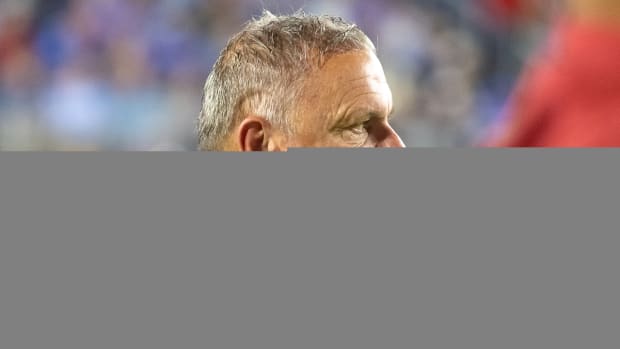 Razorbacks coach Sam Pittman on the sidelines against Ole Miss on Saturday night