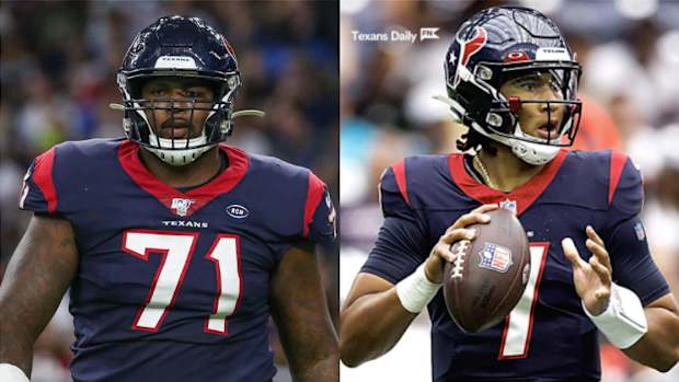 Houston Texans right tackle Tytus Howard (71) and quarterback C.J. Stroud (7)