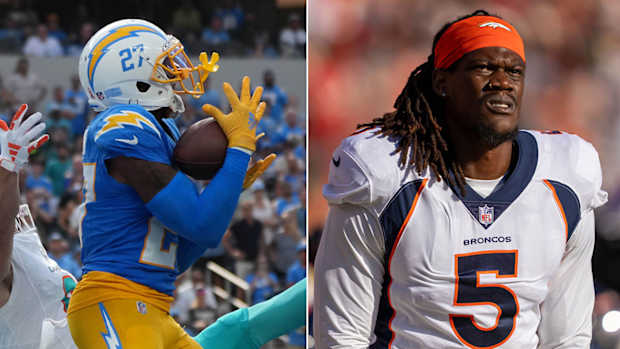 Separate photos of J.C. Jackson and Randy Gregory, playing for their old teams before recent trades.