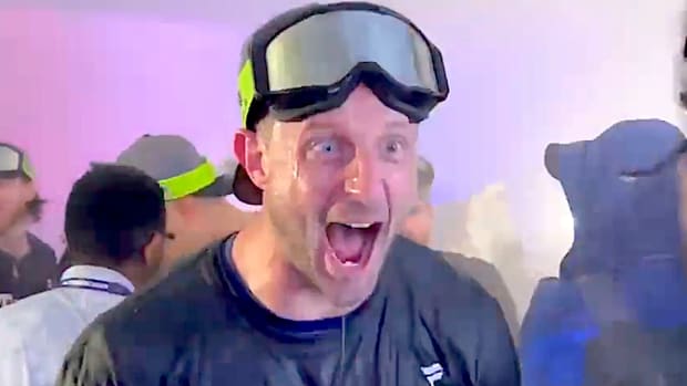 Oct. 10, 2023: Max Scherzer celebrates with teammates after the Texas Rangers swept the Baltimore Orioles in the American League Division Series.