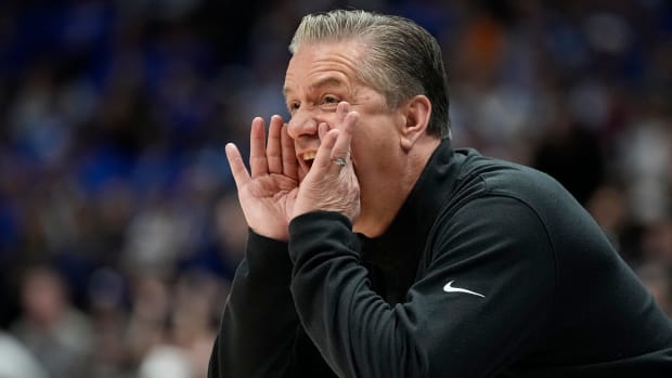 Kentucky head coach John Calipari yells at his players during the first half of a quarterfinal SEC Men s Basketball Tournament game against Vanderbilt at Bridgestone Arena Friday, March 10, 2023, in Nashville, Tenn. Sec Basketball Vanderbilt Vs Kentucky